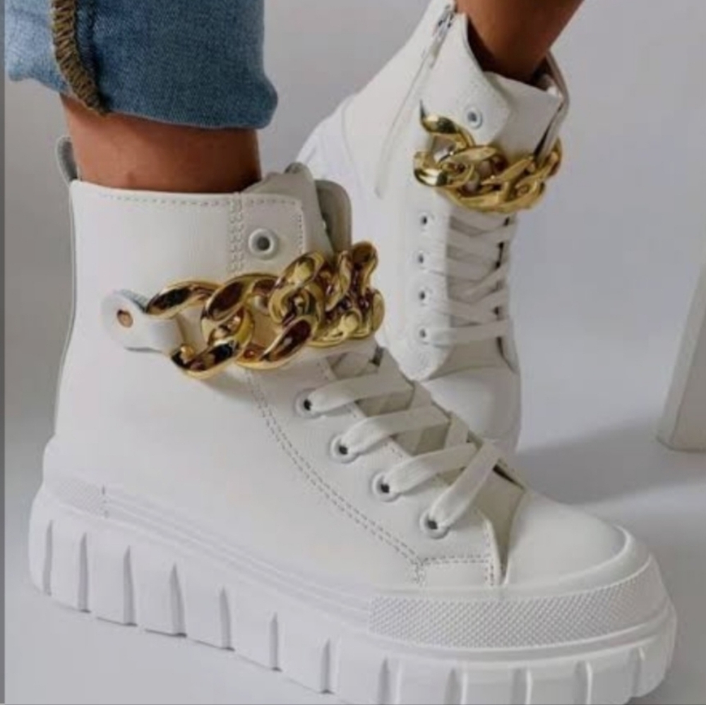 Cape Robbin White Sneakers with Gold Chain